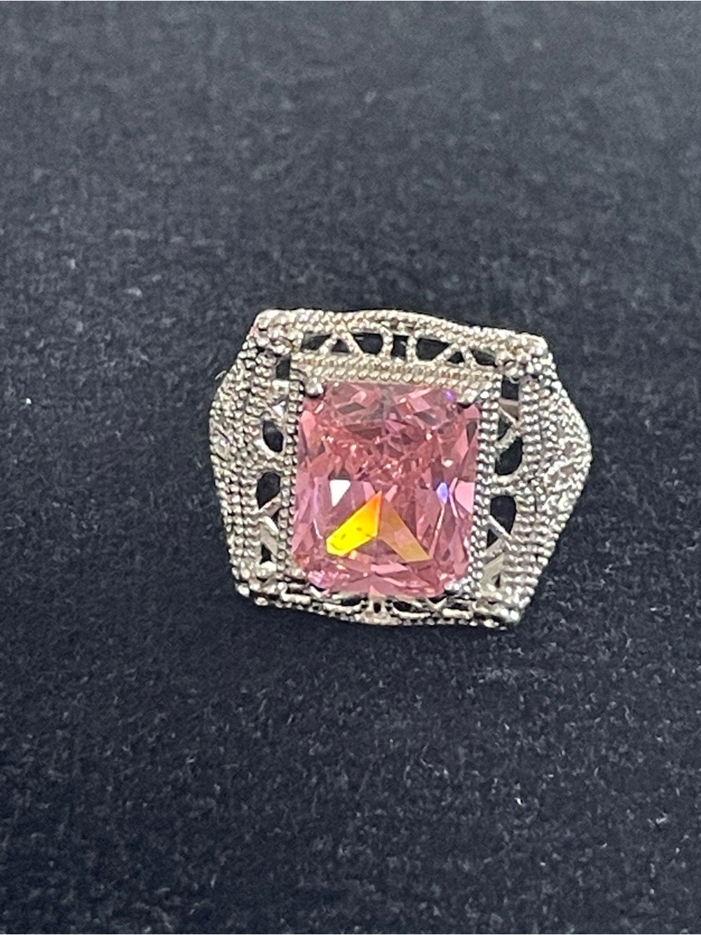 Pink Cushion-Cut Statement Ring 925 sterling silver SIZE 8 Filigree!